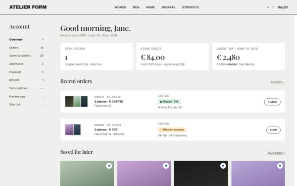 Customer account — interface reference preview