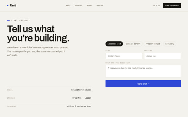 Start a project — interface reference preview