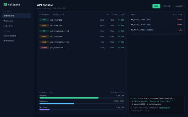 Tollgate · API Console — interface reference preview